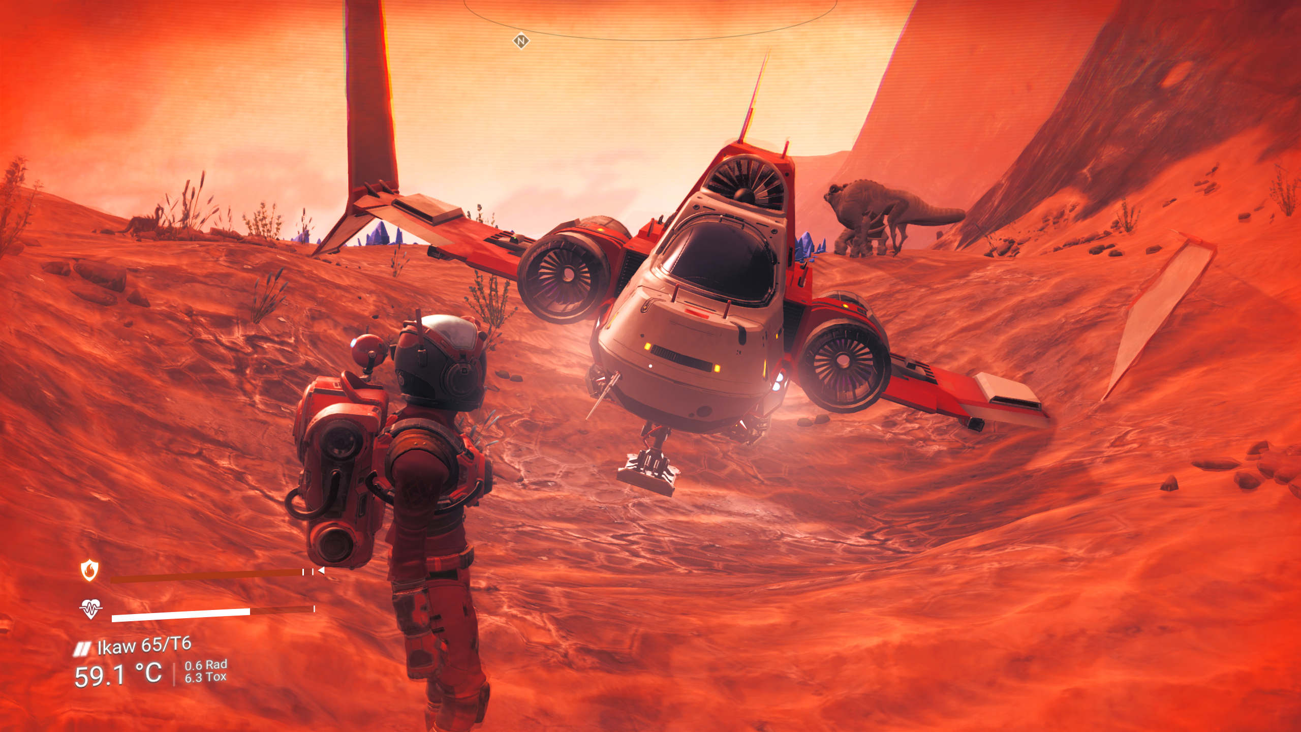 screenshot de no man's sky mostrando nave estacionada de lado