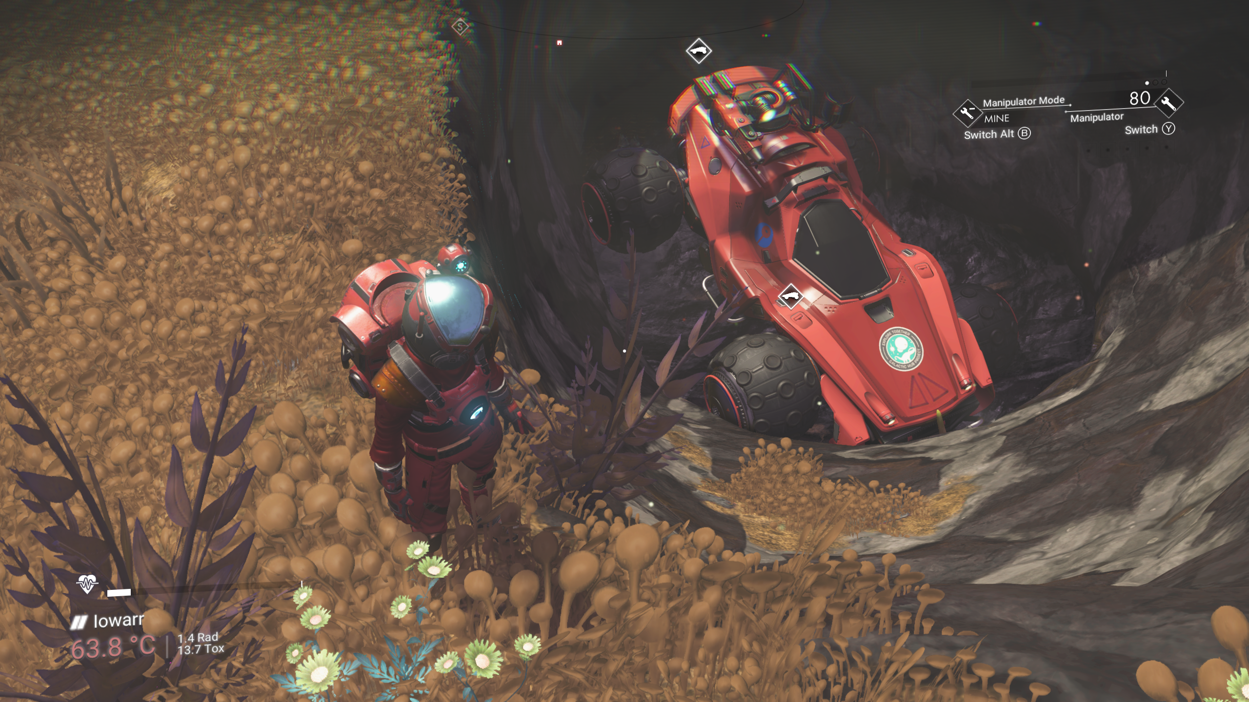 screenshot de no man's sky mostrando veículo estacionado dentro de um buraco
